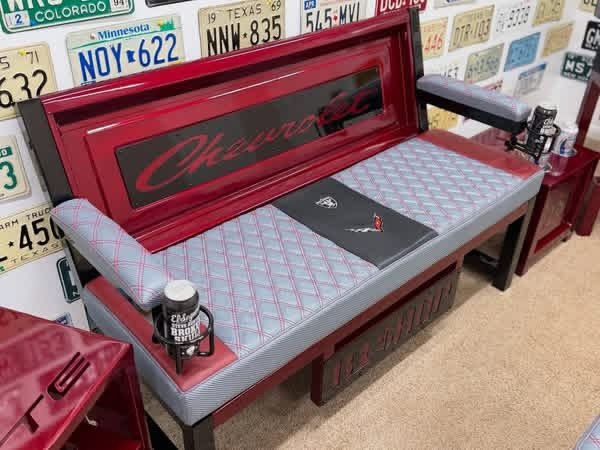 IMG_2239 Custom Red Chevrolet Furniture Set – Bench, Stools, Console & Tables