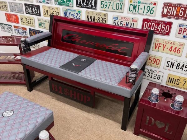 IMG_2240 Custom Red Chevrolet Furniture Set – Bench, Stools, Console & Tables