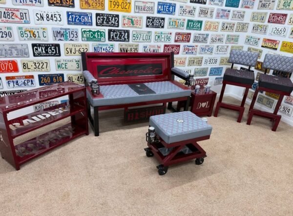 IMG_2241 Custom Red Chevrolet Furniture Set – Bench, Stools, Console & Tables