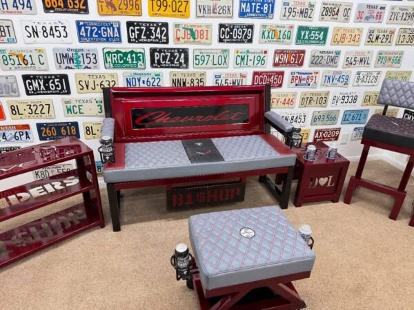 IMG_2242 Custom Red Chevrolet Furniture Set – Bench, Stools, Console & Tables