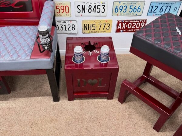 IMG_2246 Custom Red Chevrolet Furniture Set – Bench, Stools, Console & Tables