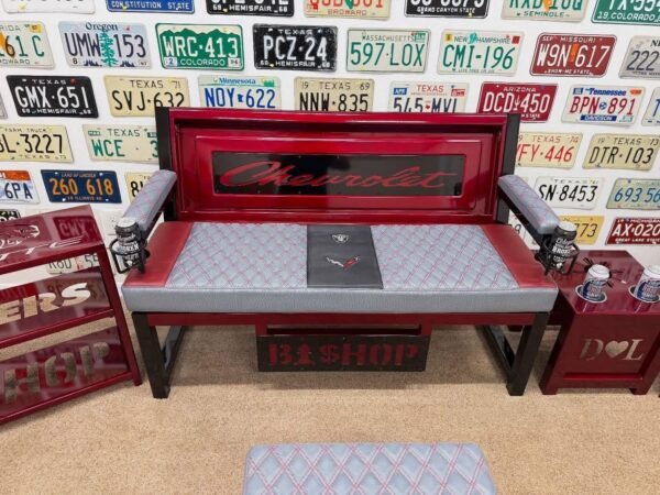 IMG_2247 Custom Red Chevrolet Furniture Set – Bench, Stools, Console & Tables