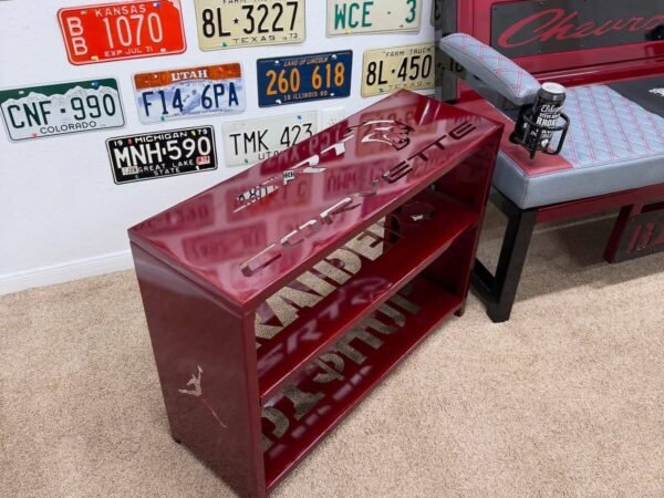 IMG_2248 Custom Red Chevrolet Furniture Set – Bench, Stools, Console & Tables
