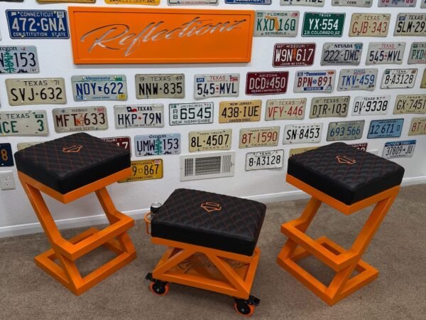 Custom Orange & Black Harley Davidson Bench & Stools