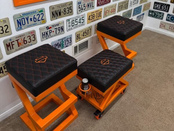 Custom Orange & Black Harley Davidson Bench & Stools