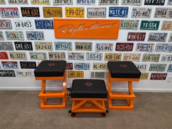 Custom Orange & Black Harley Davidson Bench & Stools