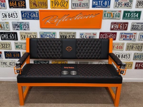 Custom Orange & Black Harley Davidson Bench & Stools